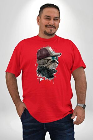 Pilot Çeketli Deri Şapkalı Cool Kedi Kırmızı Büyük Beden Erkek Kadın Unisex Basic Ön Baskılı Tişört