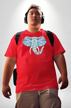 Mandala  Renkli Fil Kırmızı Büyük Beden Erkek Kadın Unisex Basic Ön Baskılı Tişört