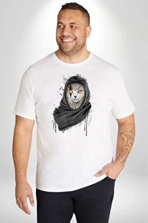 Safari Kedi Şal Eşarp Beyaz Büyük Beden Kadın Erkek Ünisex  Basic Ön Baskılı Tişört