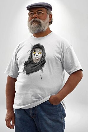 Safari Kedi Şal Eşarp Beyaz Büyük Beden Kadın Erkek Ünisex  Basic Ön Baskılı Tişört