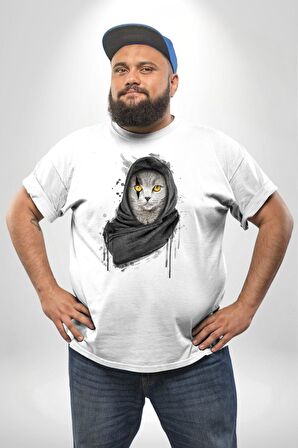 Safari Kedi Şal Eşarp Beyaz Büyük Beden Kadın Erkek Ünisex  Basic Ön Baskılı Tişört
