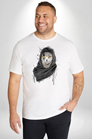 Safari Kedi Şal Eşarp Beyaz Büyük Beden Kadın Erkek Ünisex  Basic Ön Baskılı Tişört