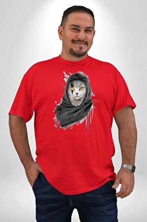 Safari Kedi Şal Eşarp Kırmızı Büyük Beden Erkek Kadın Unisex Basic Ön Baskılı Tişört
