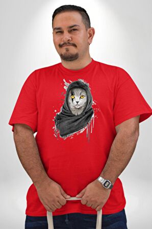 Safari Kedi Şal Eşarp Kırmızı Büyük Beden Erkek Kadın Unisex Basic Ön Baskılı Tişört