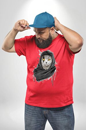 Safari Kedi Şal Eşarp Kırmızı Büyük Beden Erkek Kadın Unisex Basic Ön Baskılı Tişört