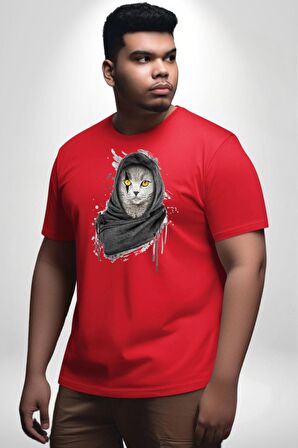 Safari Kedi Şal Eşarp Kırmızı Büyük Beden Erkek Kadın Unisex Basic Ön Baskılı Tişört