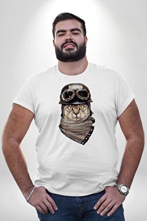 Kasket Bandana Motorcu Kedi Beyaz Büyük Beden Kadın Erkek Ünisex  Basic Ön Baskılı Tişört