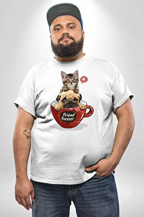 Kedi Ve Köpek Sonsuzadek Arkadaşız  Beyaz Büyük Beden Kadın Erkek Ünisex  Basic Ön Baskılı Tişört