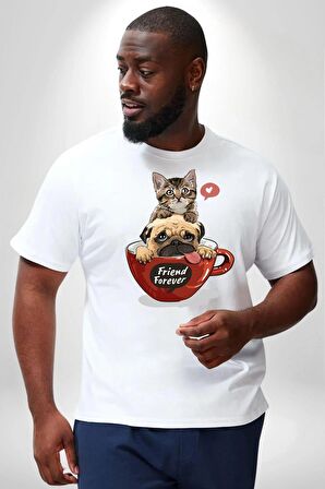 Kedi Ve Köpek Sonsuzadek Arkadaşız  Beyaz Büyük Beden Kadın Erkek Ünisex  Basic Ön Baskılı Tişört