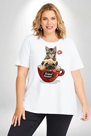Kedi Ve Köpek Sonsuzadek Arkadaşız  Beyaz Büyük Beden Kadın Erkek Ünisex  Basic Ön Baskılı Tişört