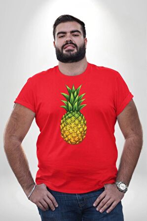 Ananas Meyve Kırmızı Büyük Beden Erkek Kadın Unisex Basic Ön Baskılı Tişört