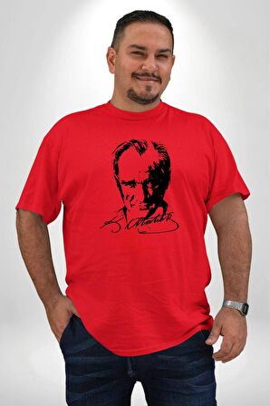 Kemal Atatürk İmza Ve Silüet  Kırmızı Büyük Beden Erkek Kadın Unisex Basic Ön Baskılı Tişört