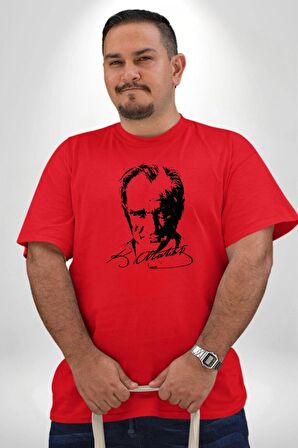 Kemal Atatürk İmza Ve Silüet  Kırmızı Büyük Beden Erkek Kadın Unisex Basic Ön Baskılı Tişört