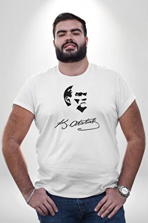 Kemal Atatürk İmza Ve Silüet  Beyaz Büyük Beden Kadın Erkek Ünisex  Basic Ön Baskılı Tişört