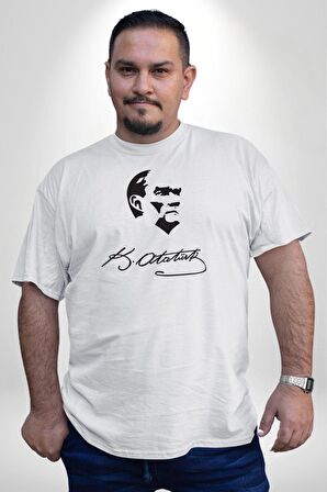 Kemal Atatürk İmza Ve Silüet  Beyaz Büyük Beden Kadın Erkek Ünisex  Basic Ön Baskılı Tişört