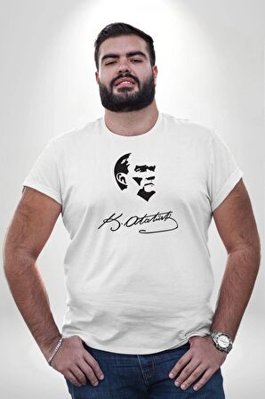 Kemal Atatürk İmza Ve Silüet  Beyaz Büyük Beden Kadın Erkek Ünisex  Basic Ön Baskılı Tişört
