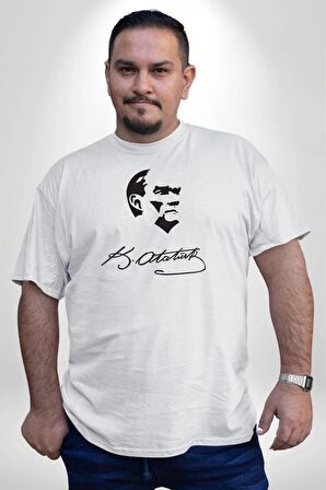 Kemal Atatürk İmza Ve Silüet  Beyaz Büyük Beden Kadın Erkek Ünisex  Basic Ön Baskılı Tişört