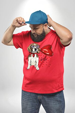 Poodle ve Beagle Sevililer Günü Hediyesi Kırmızı Büyük Beden Erkek Kadın Unisex Basic Ön Baskılı Tişört