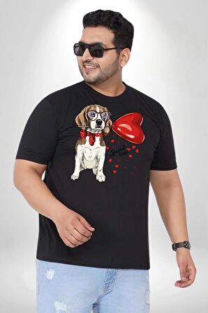 Poodle ve Beagle Sevililer Günü Hediyesi Siyah Büyük Beden Erkek Kadın Unisex Basic Ön Baskılı Tişört