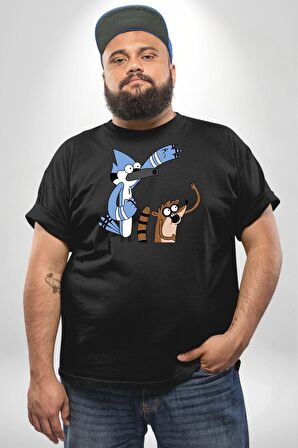 Mordecai ve Rigby  Siyah Büyük Beden Erkek Kadın Unisex Basic Ön Baskılı Tişört