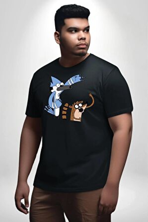 Mordecai ve Rigby  Siyah Büyük Beden Erkek Kadın Unisex Basic Ön Baskılı Tişört