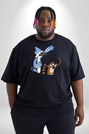 Mordecai ve Rigby  Siyah Büyük Beden Erkek Kadın Unisex Basic Ön Baskılı Tişört