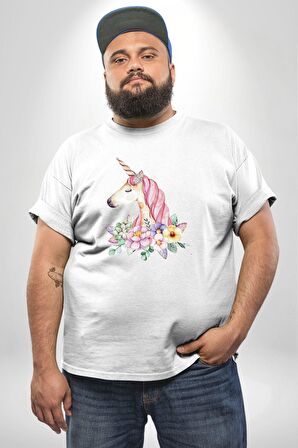 Unicorn Çiçek  Beyaz Büyük Beden Kadın Erkek Ünisex  Basic Ön Baskılı Tişört