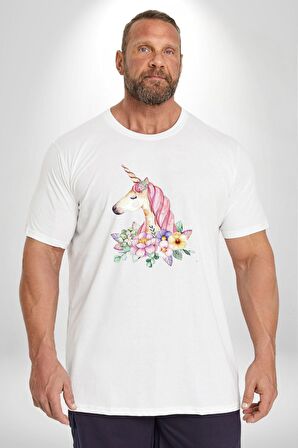Unicorn Çiçek  Beyaz Büyük Beden Kadın Erkek Ünisex  Basic Ön Baskılı Tişört