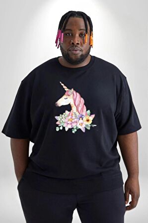 Unicorn Çiçek  Siyah Büyük Beden Erkek Kadın Unisex Basic Ön Baskılı Tişört