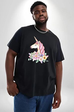 Unicorn Çiçek  Siyah Büyük Beden Erkek Kadın Unisex Basic Ön Baskılı Tişört