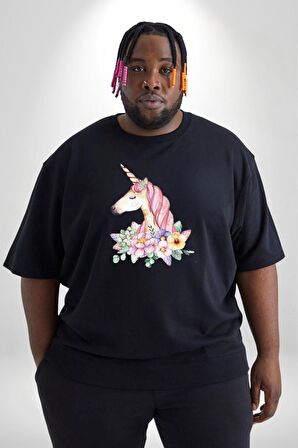 Unicorn Çiçek  Siyah Büyük Beden Erkek Kadın Unisex Basic Ön Baskılı Tişört