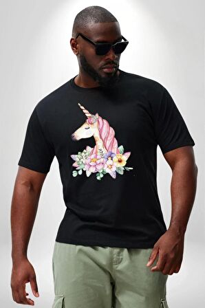Unicorn Çiçek  Siyah Büyük Beden Erkek Kadın Unisex Basic Ön Baskılı Tişört