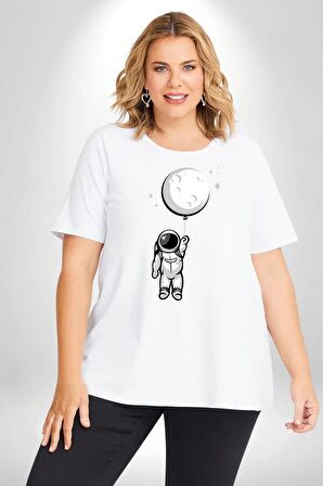 Astronot Ay Balon Beyaz Büyük Beden Kadın Erkek Ünisex  Basic Ön Baskılı Tişört
