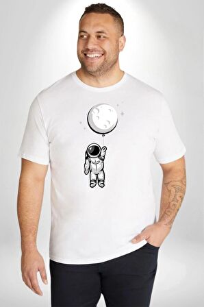Astronot Ay Balon Beyaz Büyük Beden Kadın Erkek Ünisex  Basic Ön Baskılı Tişört