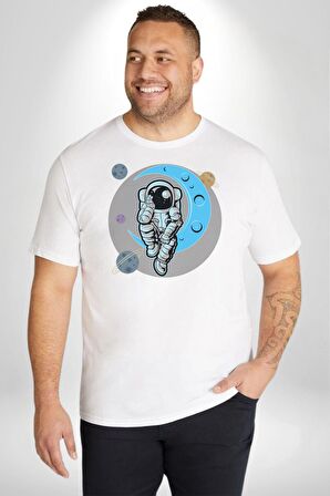 Astronot Uzayda Sıkılmış  Beyaz Büyük Beden Kadın Erkek Ünisex  Basic Ön Baskılı Tişört
