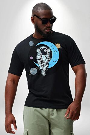 Astronot Uzayda Sıkılmış  Siyah Büyük Beden Erkek Kadın Unisex Basic Ön Baskılı Tişört