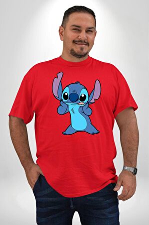 Lilo and Stitch Çizgi Film Animasyon  Kırmızı Büyük Beden Erkek Kadın Unisex Basic Ön Baskılı Tişört