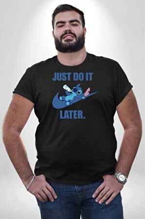 DO IT LATER Stitch Biberon Animasyon Siyah Büyük Beden Erkek Kadın Unisex Basic Ön Baskılı Tişört