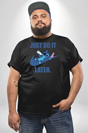 DO IT LATER Stitch Biberon Animasyon Siyah Büyük Beden Erkek Kadın Unisex Basic Ön Baskılı Tişört