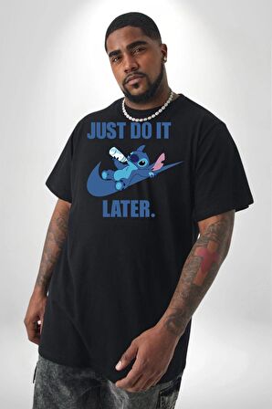 DO IT LATER Stitch Biberon Animasyon Siyah Büyük Beden Erkek Kadın Unisex Basic Ön Baskılı Tişört