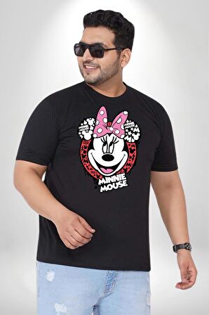 Minnie Mouse Çizgi Film  Siyah Büyük Beden Erkek Kadın Unisex Basic Ön Baskılı Tişört