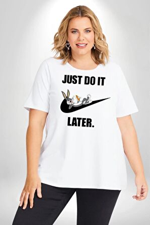 Just Do It Later Nike Bug Bunny Beyaz Büyük Beden Kadın Erkek Ünisex  Basic Ön Baskılı Tişört