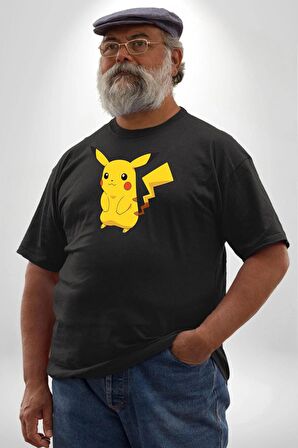 Pokemon Siyah Büyük Beden Erkek Kadın Unisex Basic Ön Baskılı Tişört