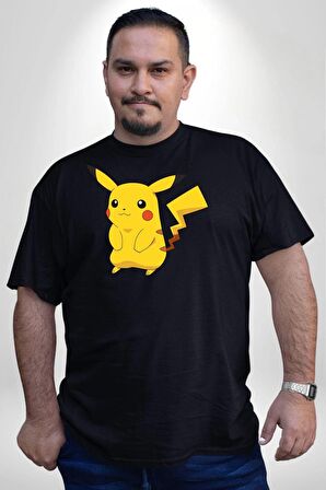 Pokemon Siyah Büyük Beden Erkek Kadın Unisex Basic Ön Baskılı Tişört