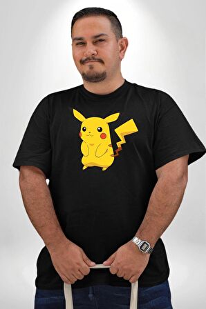 Pokemon Siyah Büyük Beden Erkek Kadın Unisex Basic Ön Baskılı Tişört