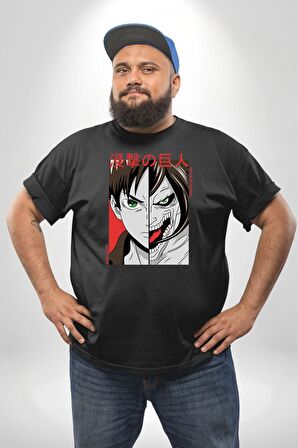 Anime Titan Saldırısı  Siyah Büyük Beden Erkek Kadın Unisex Basic Ön Baskılı Tişört