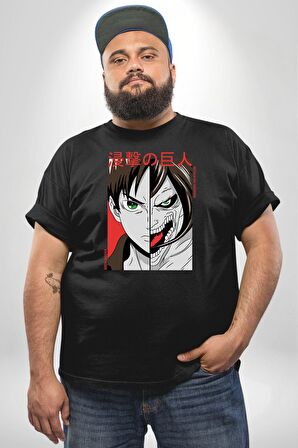 Anime Titan Saldırısı  Siyah Büyük Beden Erkek Kadın Unisex Basic Ön Baskılı Tişört