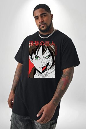 Anime Titan Saldırısı  Siyah Büyük Beden Erkek Kadın Unisex Basic Ön Baskılı Tişört