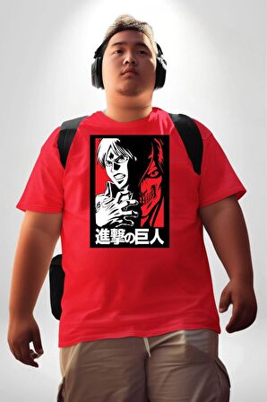 Anime Manga Style Attack On Titan Kırmızı Büyük Beden Erkek Kadın Unisex Basic Ön Baskılı Tişört