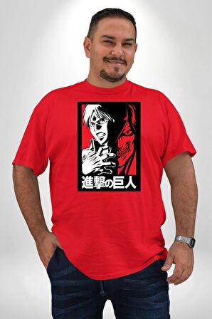 Anime Manga Style Attack On Titan Kırmızı Büyük Beden Erkek Kadın Unisex Basic Ön Baskılı Tişört